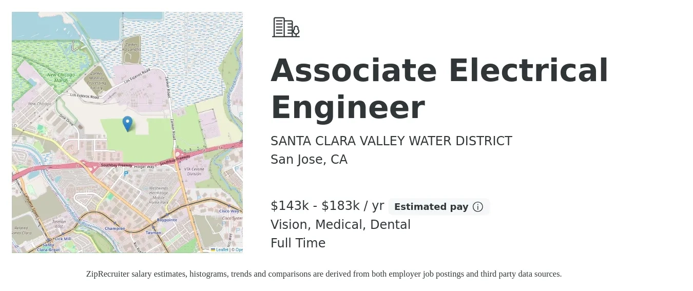 SANTA CLARA VALLEY WATER DISTRICT job posting for a Associate Electrical Engineer in San Jose, CA with a salary of $143,229 to $183,248 Yearly and benefits including dental, medical, pto, retirement, and vision with a map of San Jose location.