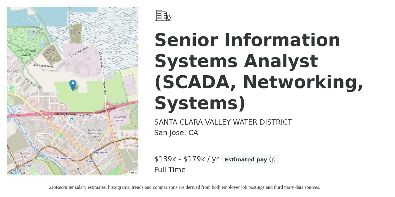 Santa Clara Valley Water District (CA) job posting for a Senior Information Systems Analyst (SCADA, Networking, Systems) in San Jose, CA with a salary of $139,963 to $179,192 Yearly with a map of San Jose location.