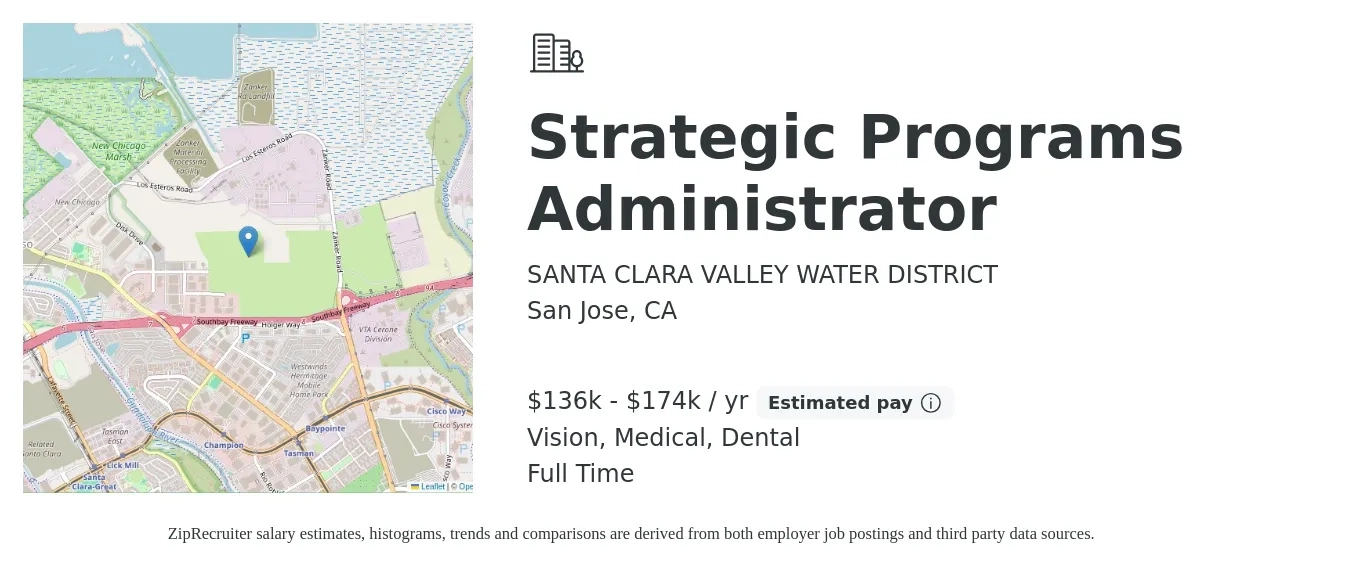SANTA CLARA VALLEY WATER DISTRICT job posting for a Strategic Programs Administrator in San Jose, CA with a salary of $136,614 to $174,866 Yearly and benefits including retirement, vision, dental, medical, and pto with a map of San Jose location.