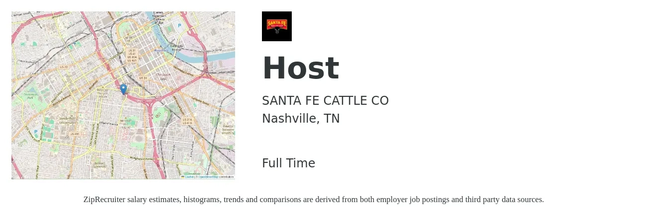 SANTA FE CATTLE CO job posting for a Host in Nashville, TN with a salary of $12 to $16 Hourly with a map of Nashville location.