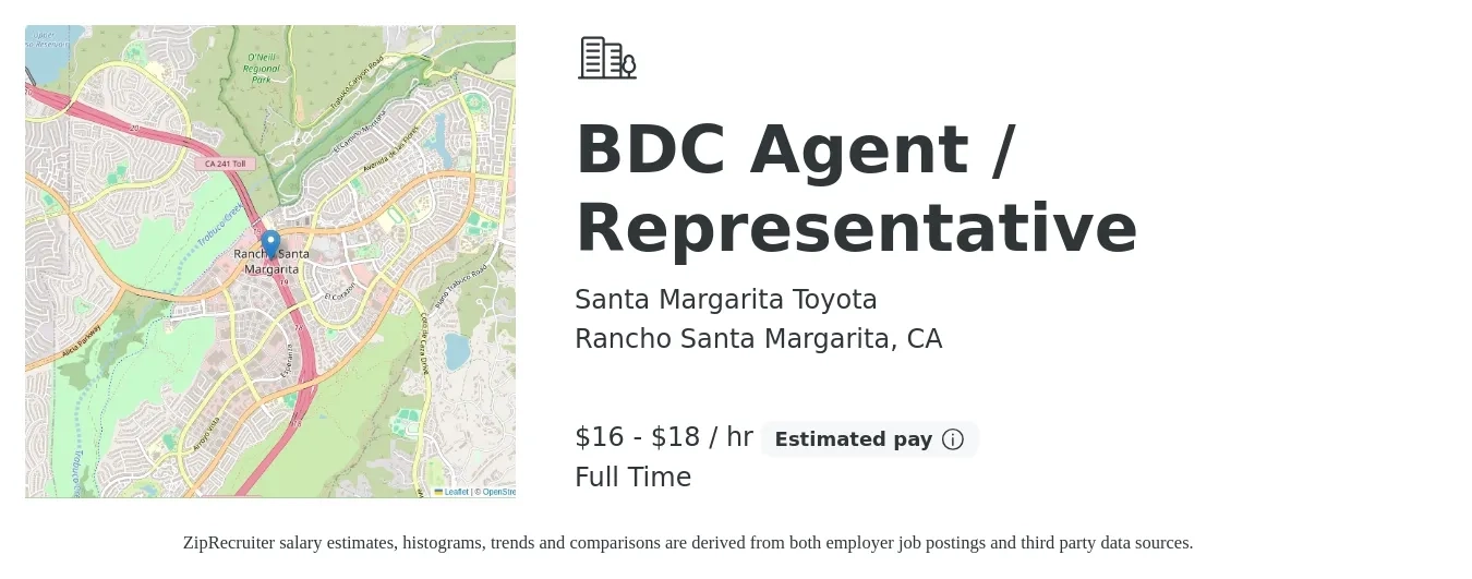 Santa Margarita Toyota job posting for a BDC Agent / Representative in Rancho Santa Margarita, CA with a salary of $17 to $19 Hourly with a map of Rancho Santa Margarita location.