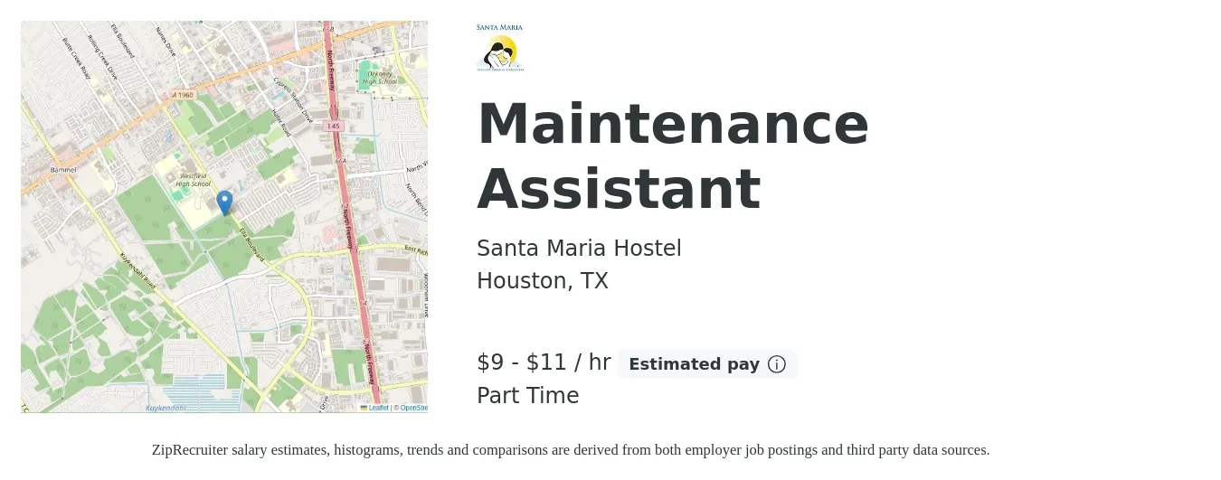 Santa Maria Hostel job posting for a Maintenance Assistant in Houston, TX with a salary of $10 to $12 Hourly with a map of Houston location.