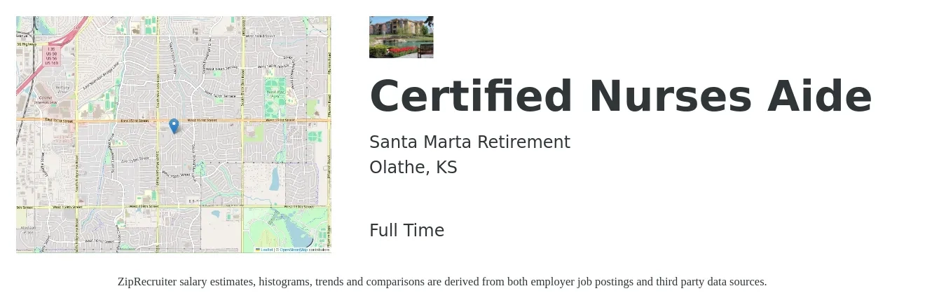 Santa Marta Retirement job posting for a Certified Nurses Aide in Olathe, KS with a salary of $16 to $23 Hourly with a map of Olathe location.