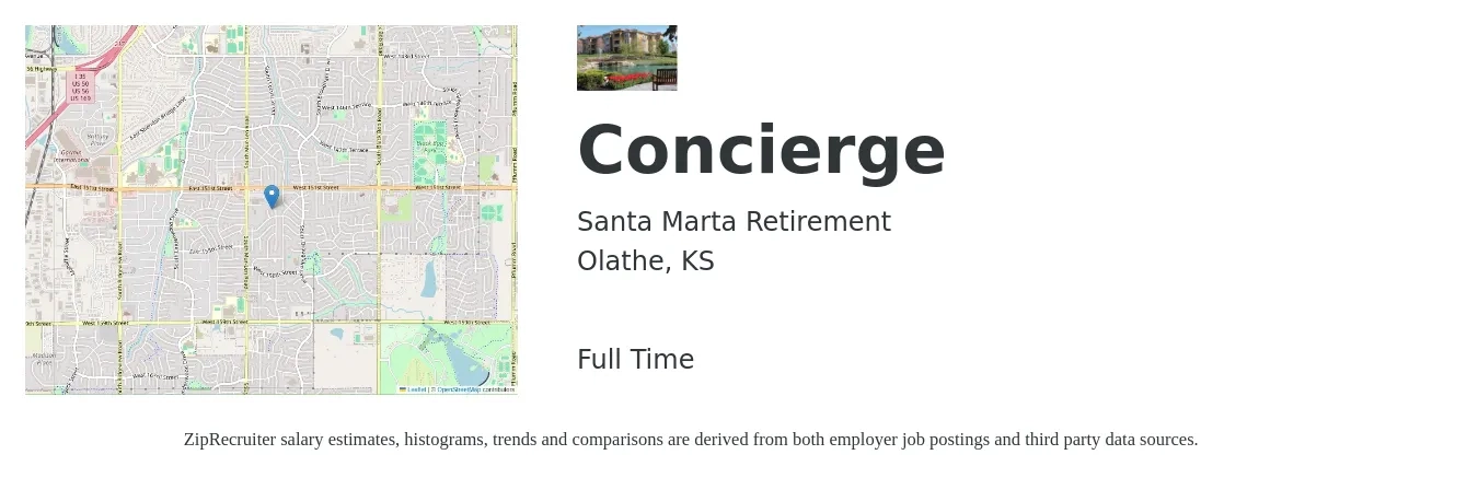 Santa Marta Retirement job posting for a Concierge in Olathe, KS with a salary of $15 to $19 Hourly with a map of Olathe location.