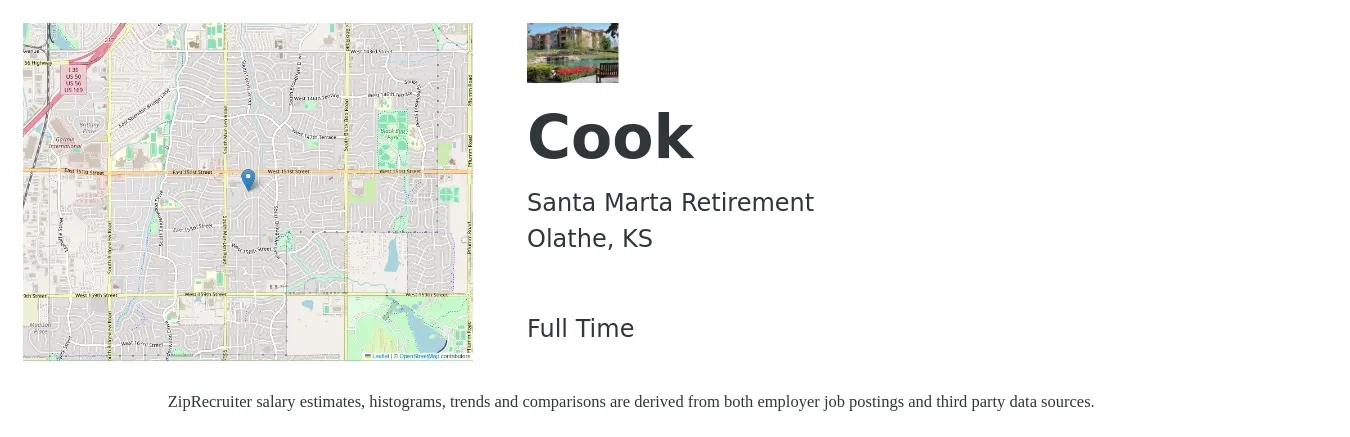 Santa Marta Retirement job posting for a Cook in Olathe, KS with a salary of $14 to $18 Hourly with a map of Olathe location.