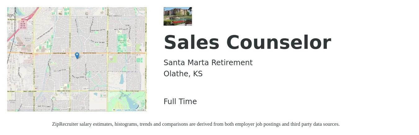 Santa Marta Retirement job posting for a Sales Counselor in Olathe, KS with a salary of $38,200 to $62,900 Yearly with a map of Olathe location.