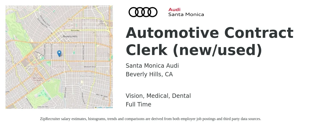 Santa Monica Audi job posting for a Automotive Contract Clerk (new/used) in Beverly Hills, CA with a salary of $21 to $26 Hourly and benefits including dental, life_insurance, medical, retirement, and vision with a map of Beverly Hills location.