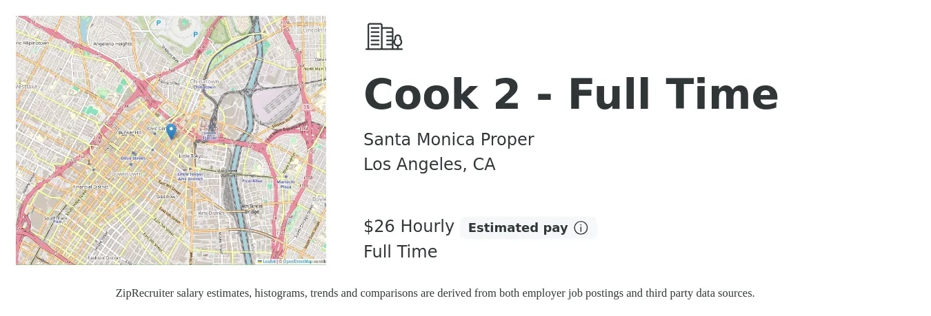Santa Monica Proper job posting for a Cook 2 - Full Time in Los Angeles, CA with a salary of $27 Hourly with a map of Los Angeles location.