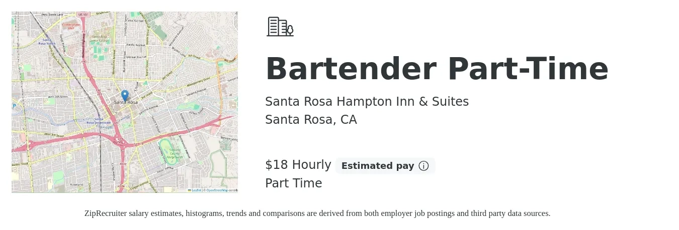 Santa Rosa Hampton Inn & Suites job posting for a Bartender Part-Time in Santa Rosa, CA with a salary of $19 Hourly with a map of Santa Rosa location.