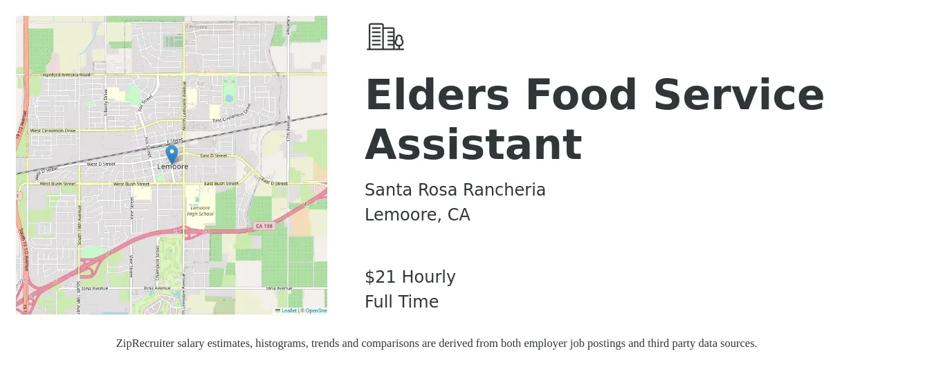 Santa Rosa Rancheria job posting for a Elders Food Service Assistant in Lemoore, CA with a salary of $22 Hourly with a map of Lemoore location.
