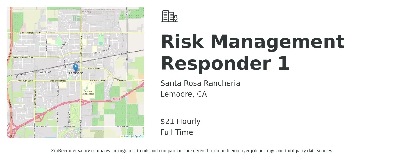 Santa Rosa Rancheria job posting for a Risk Management Responder 1 in Lemoore, CA with a salary of $22 Hourly with a map of Lemoore location.