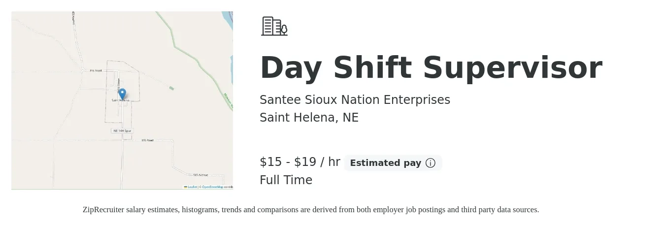 Santee Sioux Nation Enterprises job posting for a Day Shift Supervisor in Saint Helena, NE with a salary of $16 to $20 Hourly with a map of Saint Helena location.