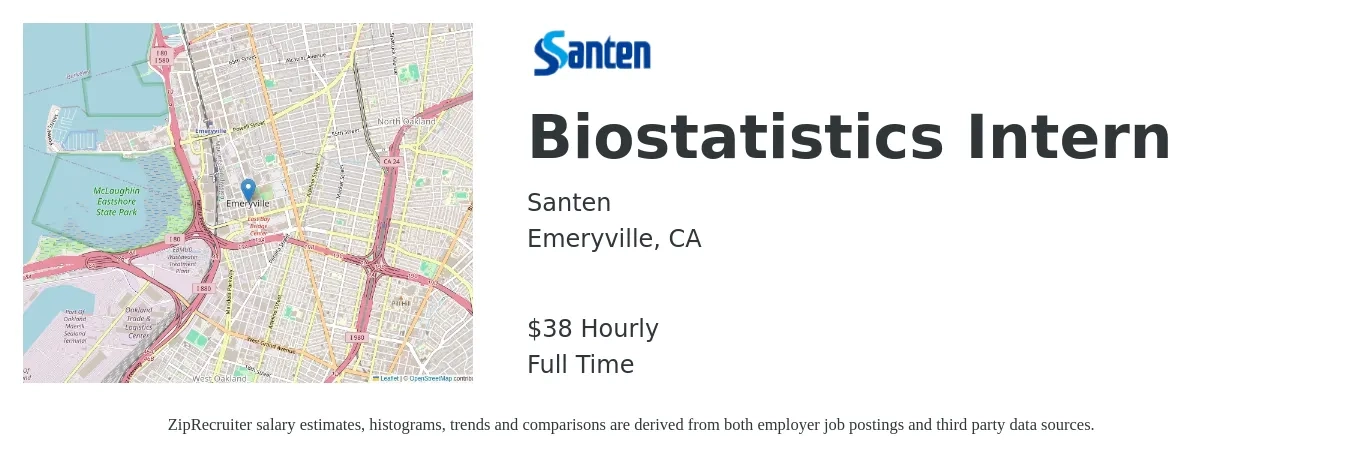 Santen job posting for a Biostatistics Intern in Emeryville, CA with a salary of $40 Hourly with a map of Emeryville location.