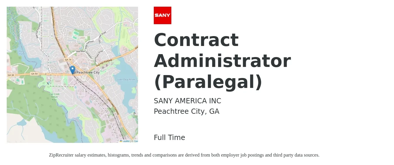 SANY AMERICA INC job posting for a Contract Administrator (Paralegal) in Peachtree City, GA with a salary of $28 to $39 Hourly with a map of Peachtree City location.