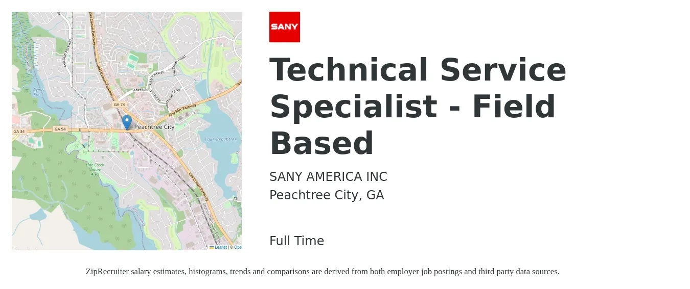 SANY AMERICA INC job posting for a Technical Service Specialist - Field Based in Peachtree City, GA with a salary of $24 to $32 Hourly with a map of Peachtree City location.