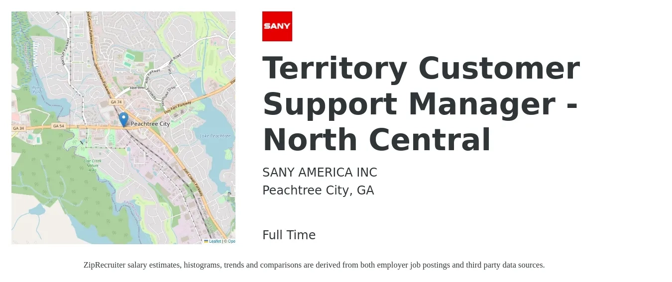 SANY AMERICA INC job posting for a Territory Customer Support Manager - North Central in Peachtree City, GA with a salary of $69,700 to $103,600 Yearly with a map of Peachtree City location.