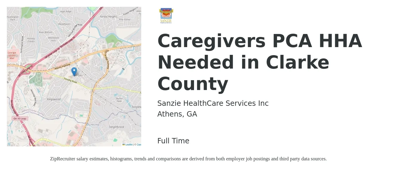 Sanzie HealthCare Services Inc job posting for a Caregivers PCA HHA Needed in Clarke County in Athens, GA with a salary of $12 to $16 Hourly with a map of Athens location.