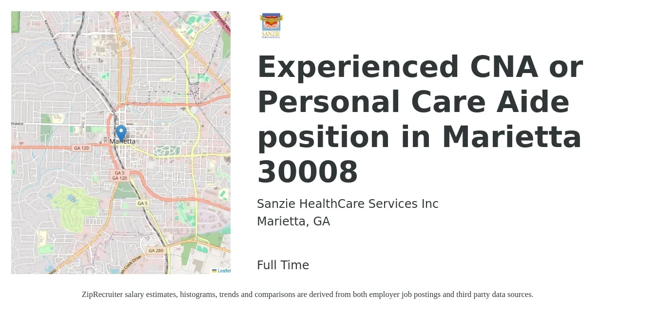 Sanzie HealthCare Services Inc job posting for a Experienced CNA or Personal Care Aide position in Marietta 30008 in Marietta, GA with a salary of $12 to $13 Hourly with a map of Marietta location.