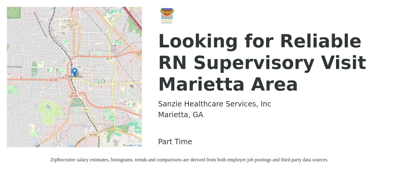 Sanzie Healthcare Services, Inc job posting for a Looking for Reliable RN Supervisory Visit Marietta Area in Marietta, GA with a salary of $64,300 to $112,100 Yearly with a map of Marietta location.