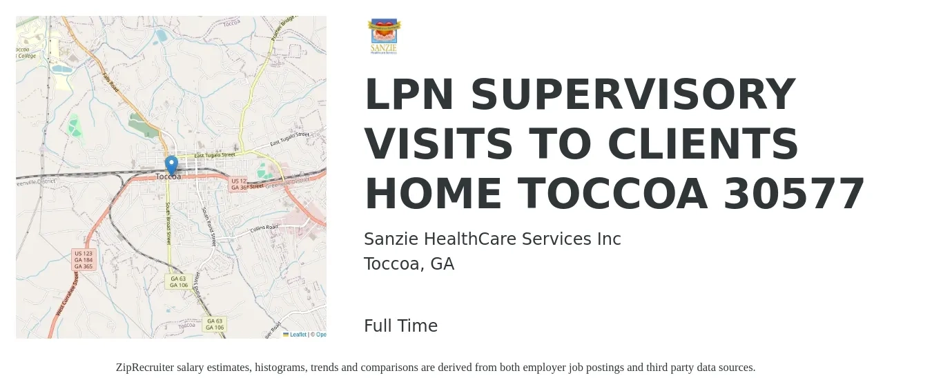 Sanzie HealthCare Services Inc job posting for a LPN SUPERVISORY VISITS TO CLIENTS HOME TOCCOA 30577 in Toccoa, GA with a salary of $20 to $27 Hourly with a map of Toccoa location.