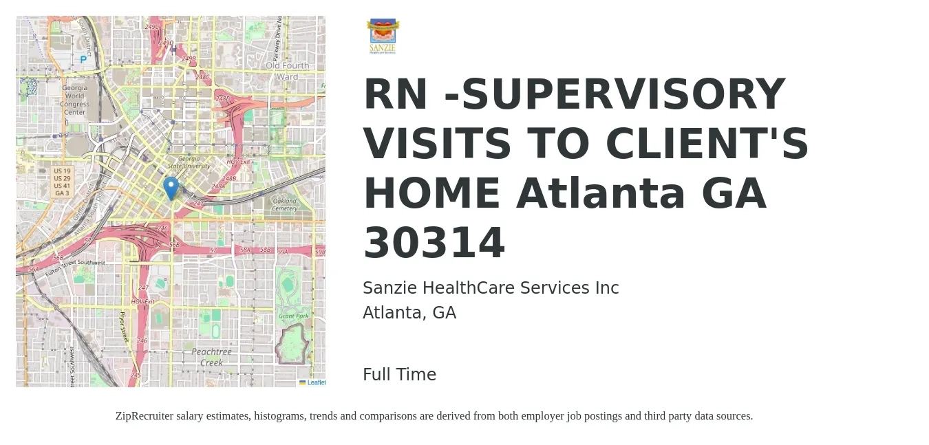 Sanzie HealthCare Services Inc job posting for a RN -SUPERVISORY VISITS TO CLIENT'S HOME Atlanta GA 30314 in Atlanta, GA with a salary of $38 to $56 Hourly with a map of Atlanta location.