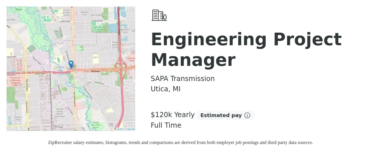 SAPA Transmission job posting for a Engineering Project Manager in Utica, MI with a salary of $120,000 Yearly with a map of Utica location.