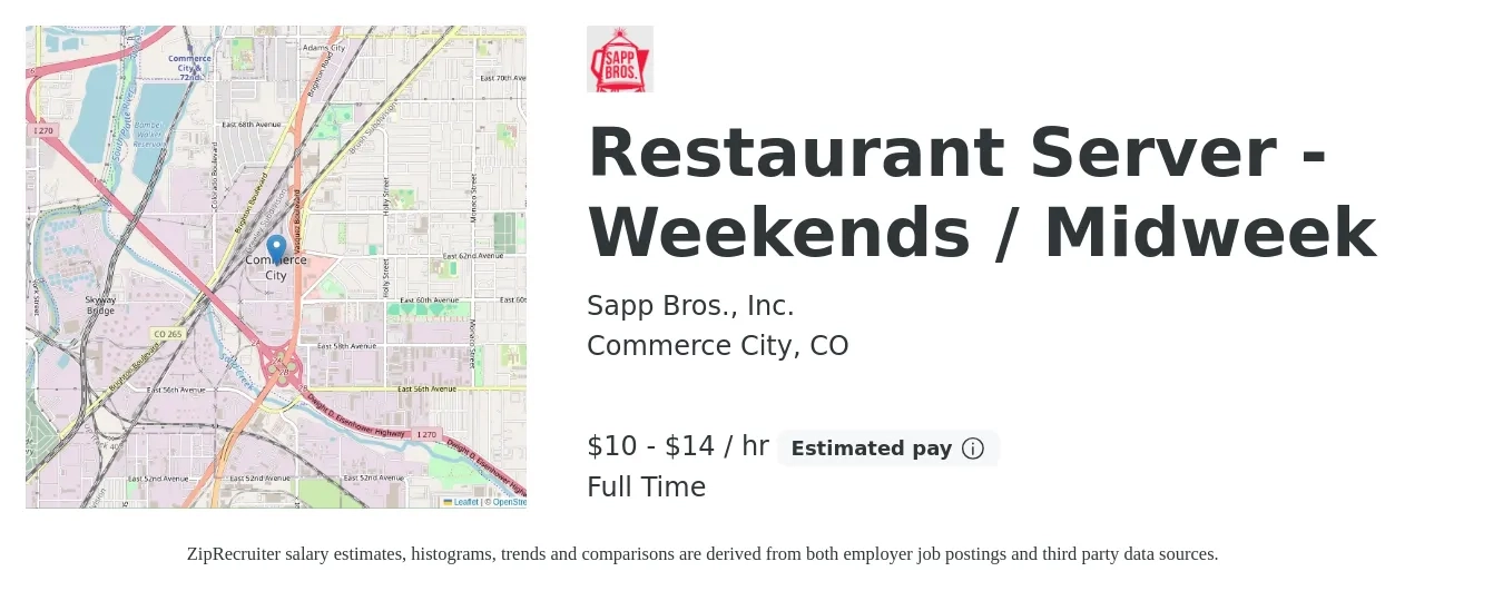 Sapp Bros., Inc. job posting for a Restaurant Server - Weekends / Midweek in Commerce City, CO with a salary of $11 to $15 Hourly with a map of Commerce City location.