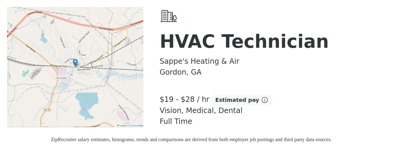 Sappe's Heating & Air job posting for a HVAC Technician in Gordon, GA with a salary of $20 to $30 Hourly and benefits including dental, life_insurance, medical, pto, retirement, and vision with a map of Gordon location.