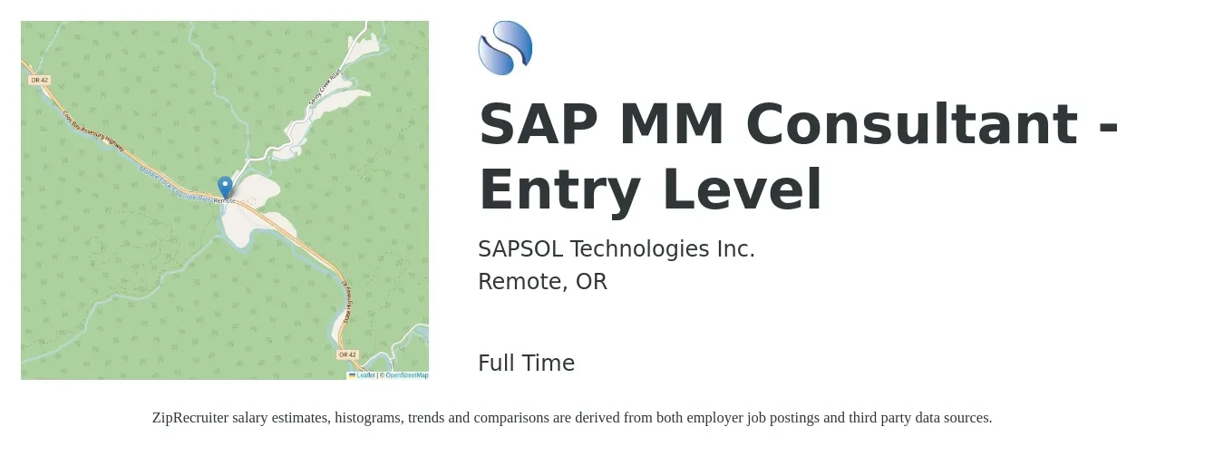 SAPSOL Technologies Inc. job posting for a SAP MM Consultant - Entry Level in Remote, OR with a salary of $63 to $86 Hourly with a map of Remote location.