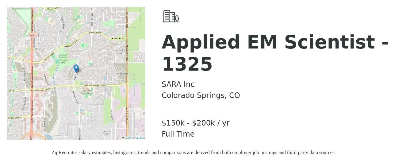 SARA Inc job posting for a Applied EM Scientist - 1325 in Colorado Springs, CO with a salary of $150,000 to $200,000 Yearly with a map of Colorado Springs location.