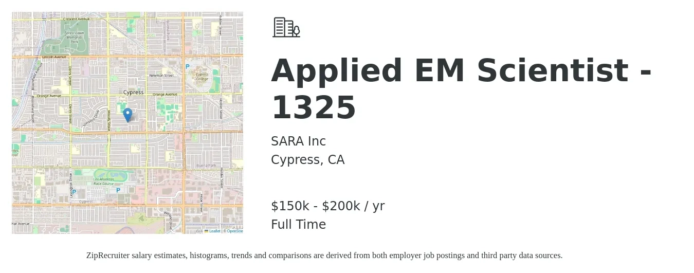 SARA Inc job posting for a Applied EM Scientist - 1325 in Cypress, CA with a salary of $150,000 to $200,000 Yearly with a map of Cypress location.