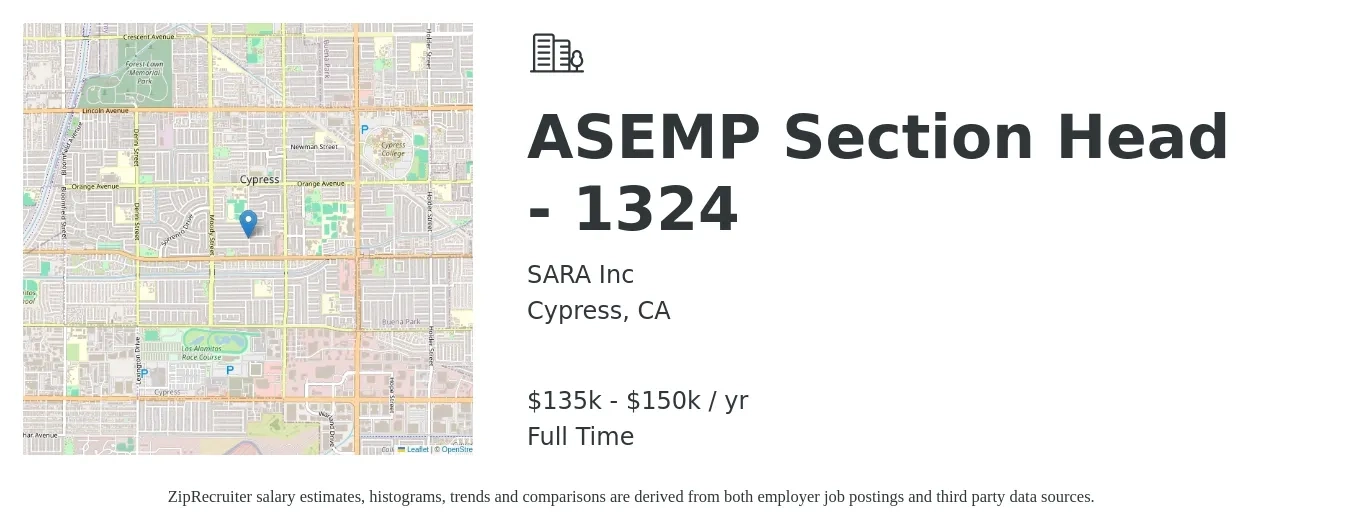 SARA Inc job posting for a ASEMP Section Head - 1324 in Cypress, CA with a salary of $135,000 to $150,000 Yearly with a map of Cypress location.