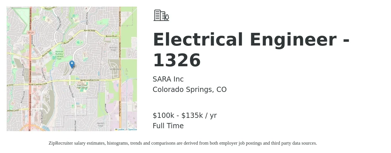 SARA Inc job posting for a Electrical Engineer - 1326 in Colorado Springs, CO with a salary of $100,000 to $135,000 Yearly with a map of Colorado Springs location.
