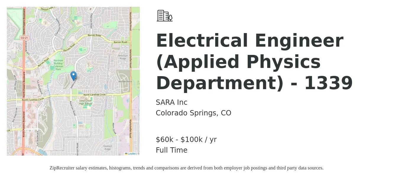 SARA Inc job posting for a Electrical Engineer (Applied Physics Department) - 1339 in Colorado Springs, CO with a salary of $60,000 to $100,000 Yearly with a map of Colorado Springs location.