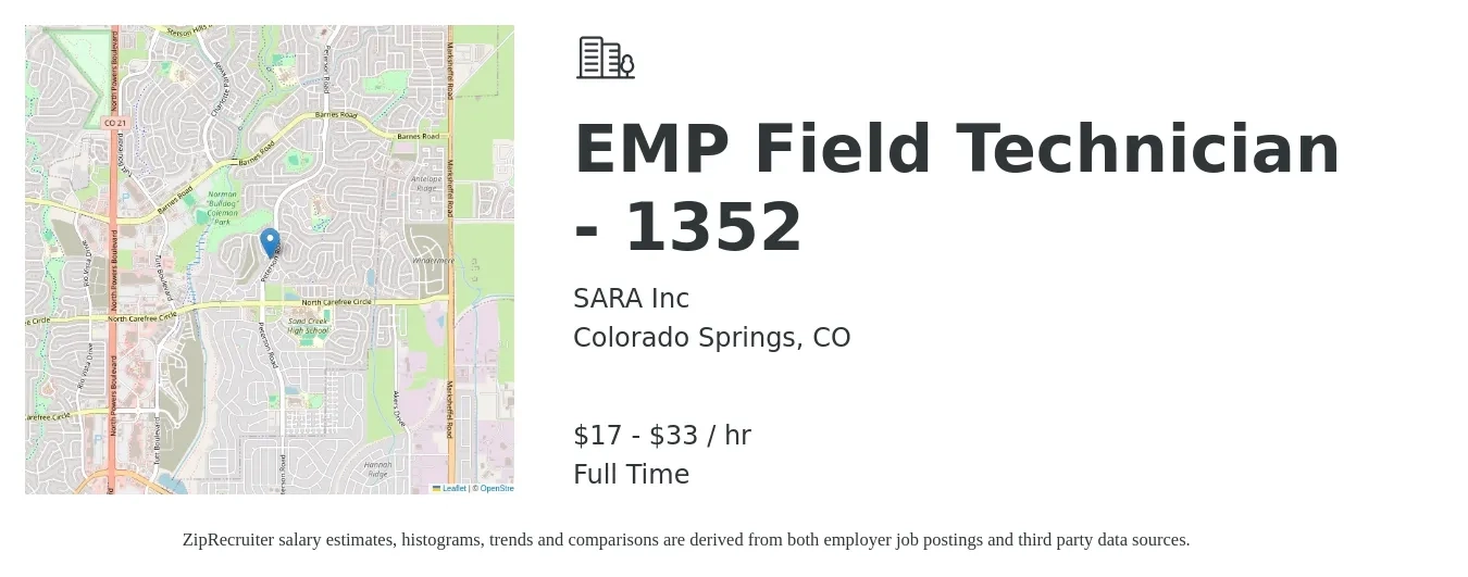 SARA Inc job posting for a EMP Field Technician - 1352 in Colorado Springs, CO with a salary of $18 to $35 Hourly with a map of Colorado Springs location.