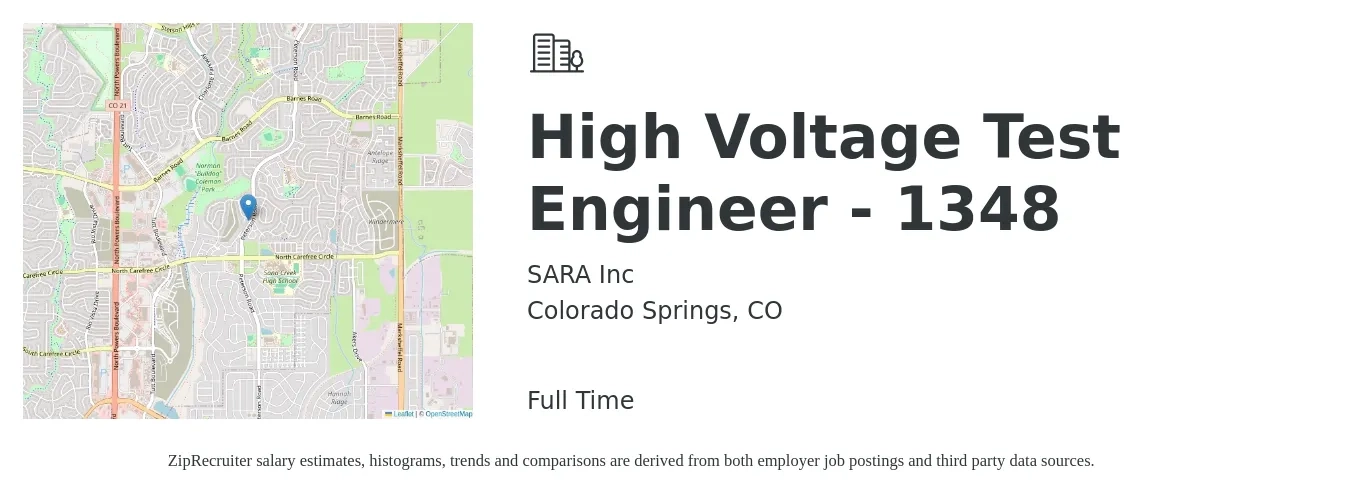 SARA Inc job posting for a High Voltage Test Engineer - 1348 in Colorado Springs, CO with a salary of $48 to $69 Hourly with a map of Colorado Springs location.