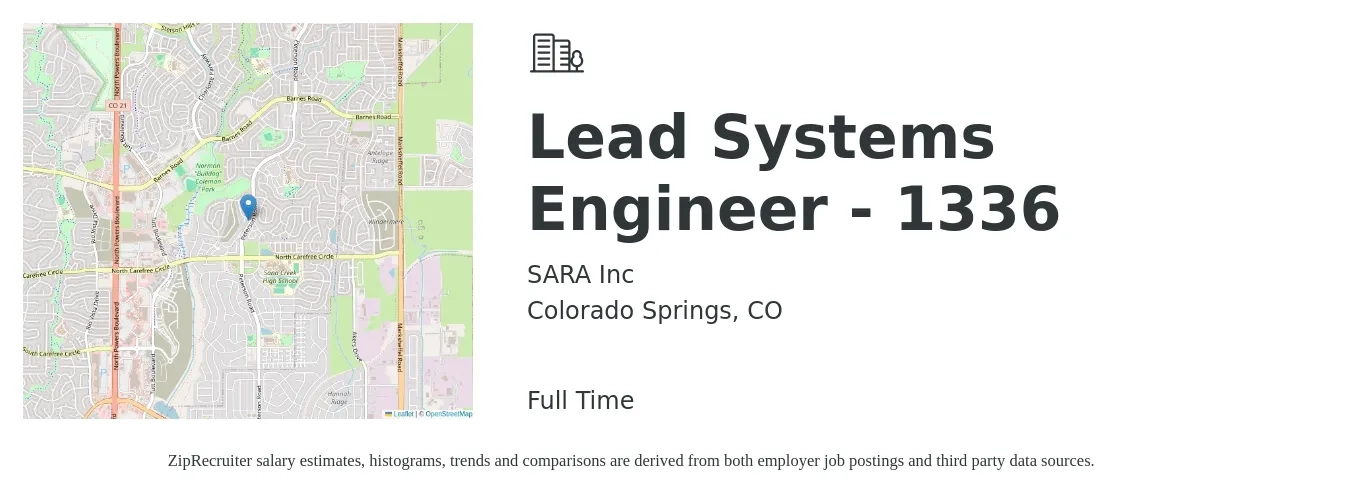 SARA Inc job posting for a Lead Systems Engineer - 1336 in Colorado Springs, CO with a salary of $164,900 to $249,800 Yearly with a map of Colorado Springs location.