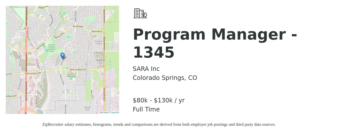 SARA Inc job posting for a Program Manager - 1345 in Colorado Springs, CO with a salary of $80,000 to $130,000 Yearly with a map of Colorado Springs location.
