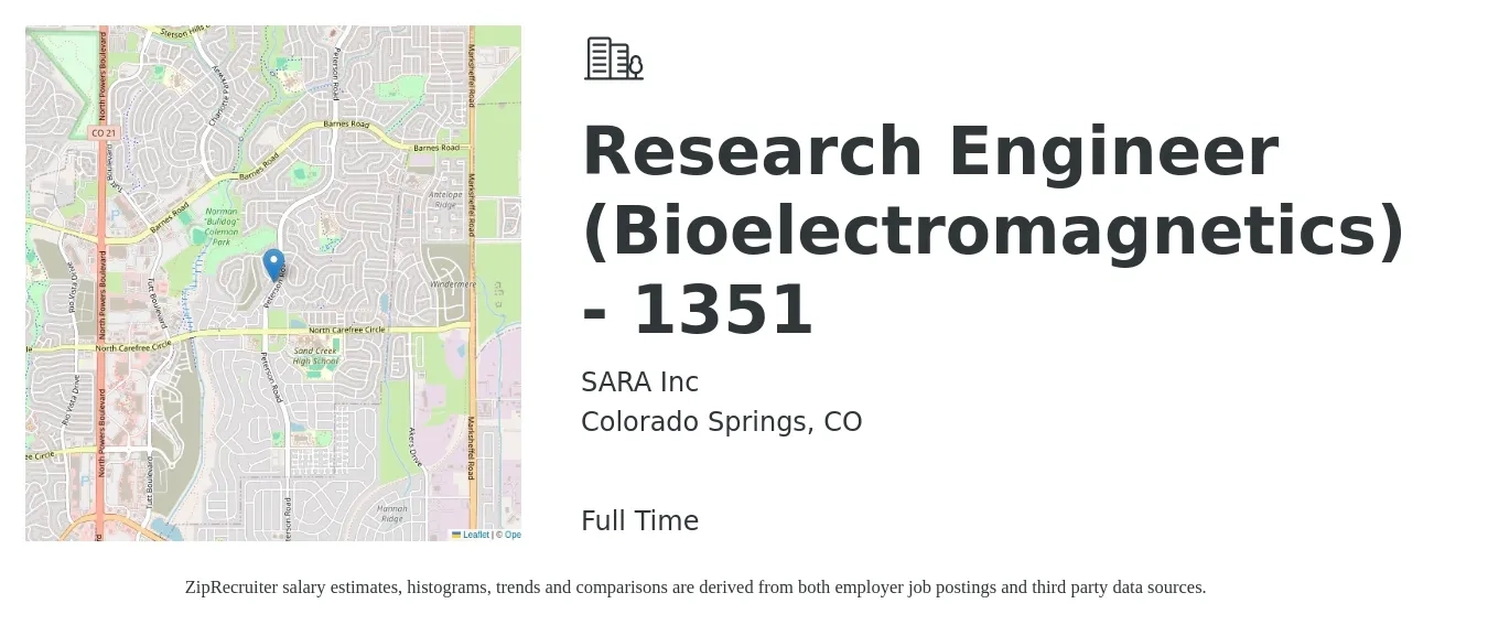 SARA Inc job posting for a Research Engineer (Bioelectromagnetics) - 1351 in Colorado Springs, CO with a salary of $102,700 Yearly with a map of Colorado Springs location.