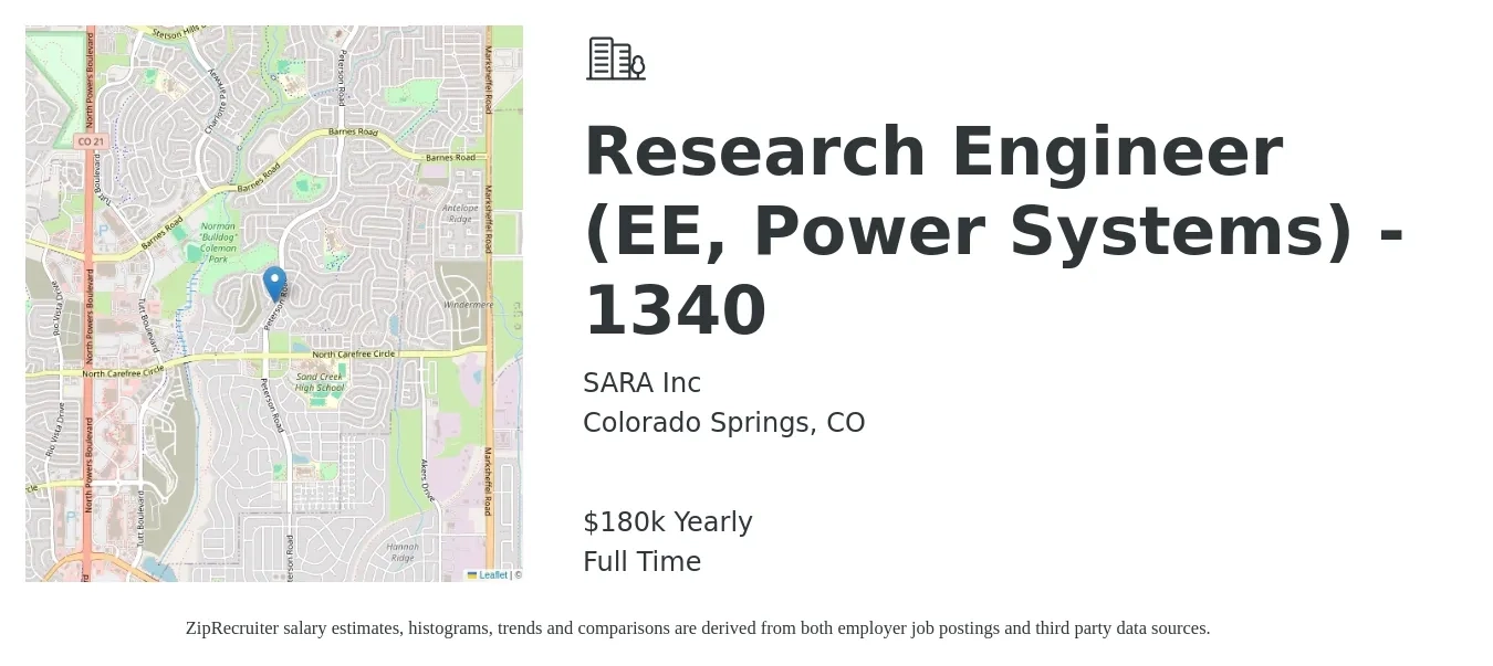 SARA Inc job posting for a Research Engineer (EE, Power Systems) - 1340 in Colorado Springs, CO with a salary of $180,000 Yearly with a map of Colorado Springs location.