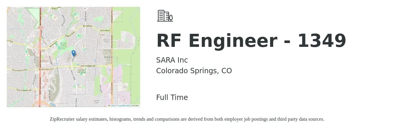 SARA Inc job posting for a RF Engineer - 1349 in Colorado Springs, CO with a salary of $96,300 to $137,200 Yearly with a map of Colorado Springs location.