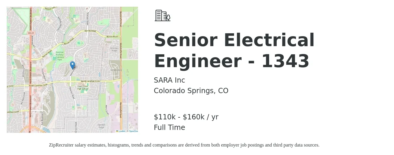 SARA Inc job posting for a Senior Electrical Engineer - 1343 in Colorado Springs, CO with a salary of $110,000 to $160,000 Yearly with a map of Colorado Springs location.