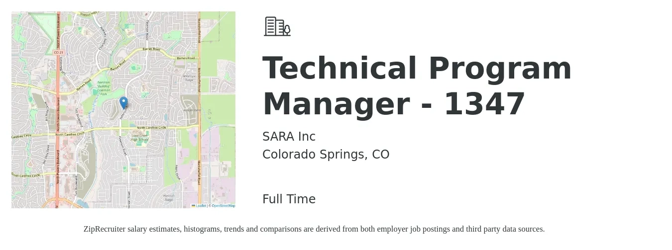 SARA Inc job posting for a Technical Program Manager - 1347 in Colorado Springs, CO with a salary of $127,400 to $164,900 Yearly with a map of Colorado Springs location.