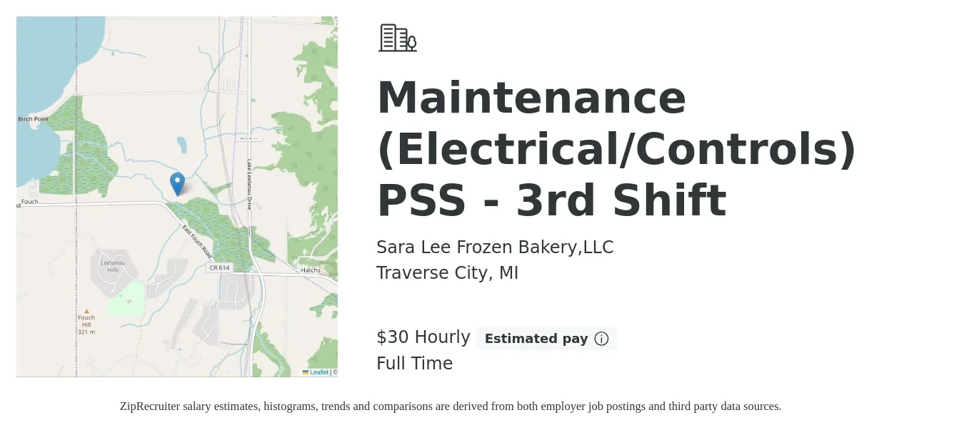 Sara Lee Frozen Bakery,LLC job posting for a Maintenance (Electrical/Controls) PSS - 3rd Shift in Traverse City, MI with a salary of $32 Hourly with a map of Traverse City location.