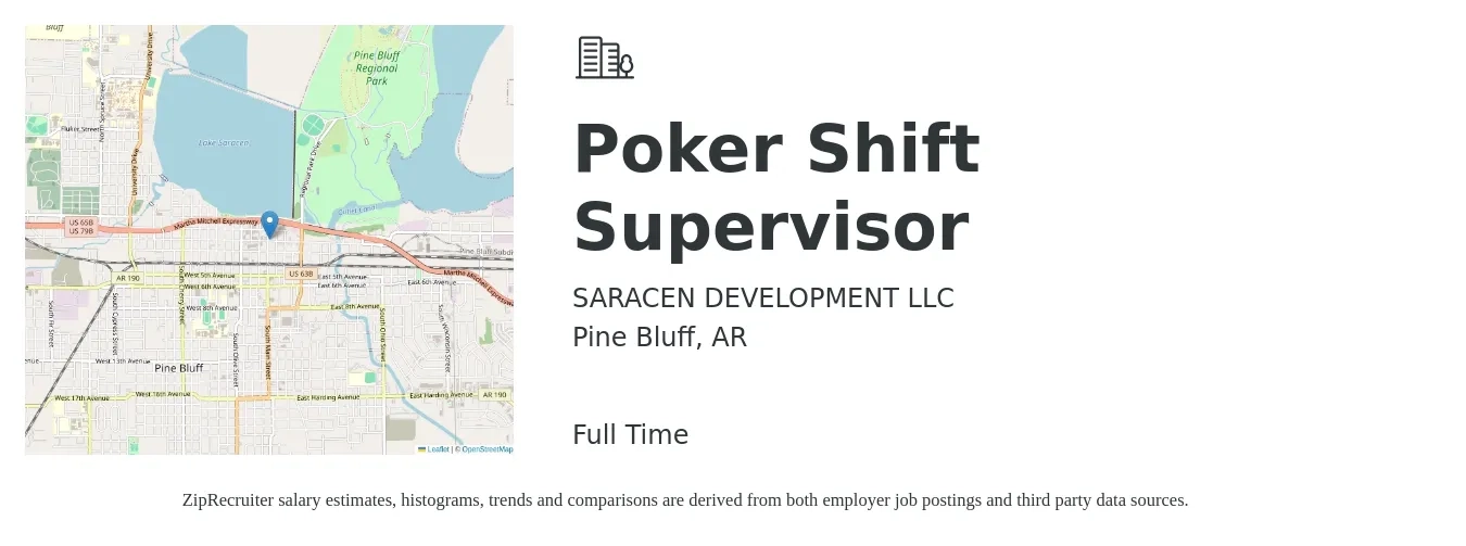 SARACEN DEVELOPMENT LLC job posting for a Poker Shift Supervisor in Pine Bluff, AR with a salary of $20 to $33 Hourly with a map of Pine Bluff location.