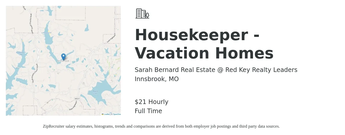 Sarah Bernard Real Estate @ Red Key Realty Leaders job posting for a Housekeeper - Vacation Homes in Innsbrook, MO with a salary of $22 Hourly with a map of Innsbrook location.
