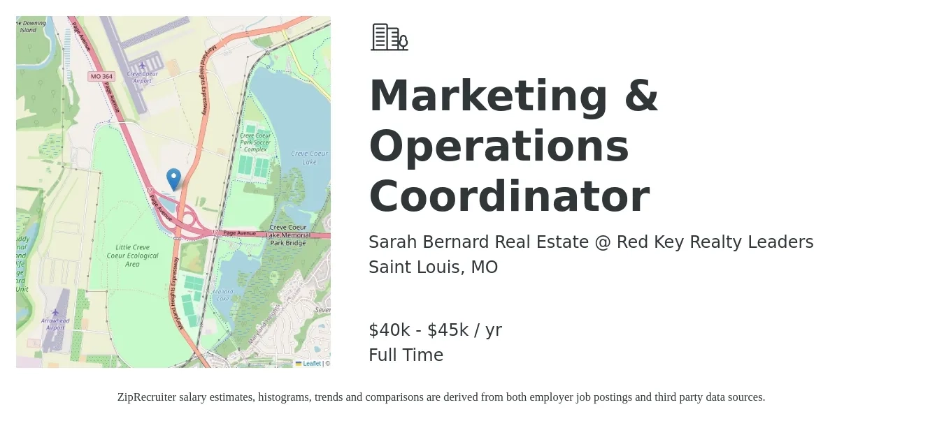 Sarah Bernard Real Estate @ Red Key Realty Leaders job posting for a Marketing & Operations Coordinator in Saint Louis, MO with a salary of $40,000 to $45,000 Yearly with a map of Saint Louis location.