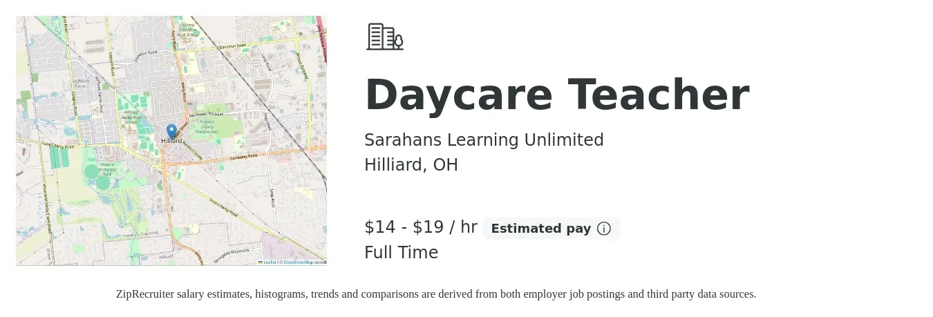 Sarahans Learning Unlimited job posting for a Daycare Teacher in Hilliard, OH with a salary of $15 to $20 Hourly with a map of Hilliard location.