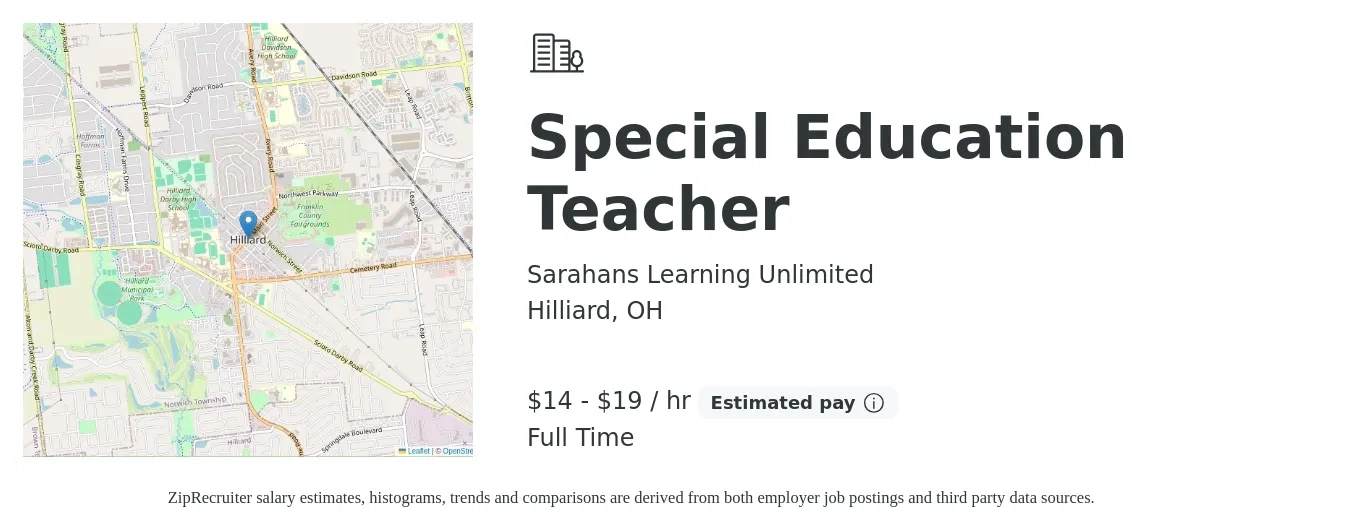 Sarahans Learning Unlimited job posting for a Special Education Teacher in Hilliard, OH with a salary of $15 to $20 Hourly with a map of Hilliard location.