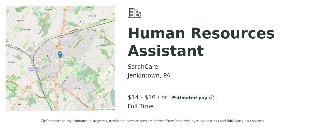 SarahCare job posting for a Human Resources Assistant in Jenkintown, PA with a salary of $15 to $17 Hourly with a map of Jenkintown location.
